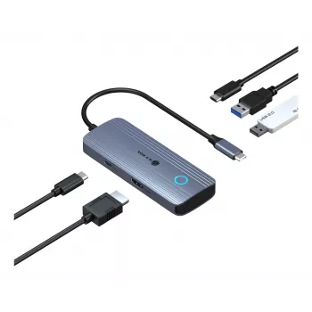 IcyBox IB-DK4081-SO Spade Dock 4081 5-in-1 ceļojumu doku stacija ar Off-Screen uzlādi, USB-C, HDMI 4K, Gigabit Ethernet, 2x USB-A, 100W PD, alumīnija