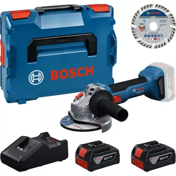 Bosch Professional GWS 18V-11 S bezvadu leņķa slīpmašīnas komplekts ar 2x 4.0Ah baterijām, lādētāju un L-BOXX