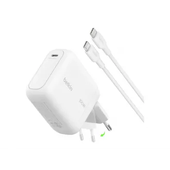Belkin BOOSTCHARGE 100W USB-C GaN sienas lādētājs ar 1,5m USB-C uz USB-C kabeli - Balts