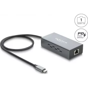 Delock USB Type-C Gigabit Ethernet tīkla adapteris ar RJ45 PoE un USB Power Delivery