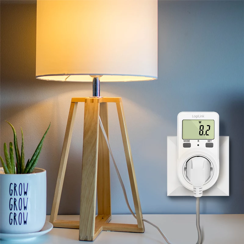 LogiLink Energy Cost Meter, 1,5 collu LCD displejs, viena tarifa, Schuko kontaktdakša, balts