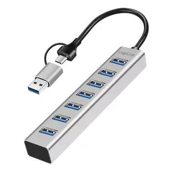 LogiLink UA0441 USB 3.0 centrmezgls 7x USB-A ar 2-in-1 savienojuma kabeli, sudraba krāsā