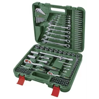 BOSCH POWERTOOLS 134 daļu DIY instrumentu komplekts zaļā futrālī ar rokas instrumentiem, uzgaļiem, stiprinājumiem un aksesuāriem
