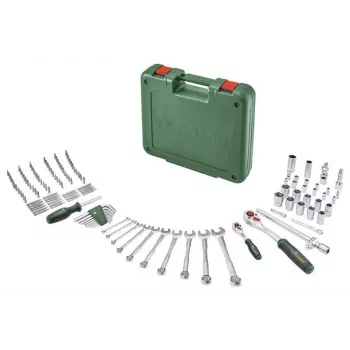 BOSCH POWERTOOLS 134 daļu DIY instrumentu komplekts zaļā futrālī ar rokas instrumentiem, uzgaļiem, stiprinājumiem un aksesuāriem