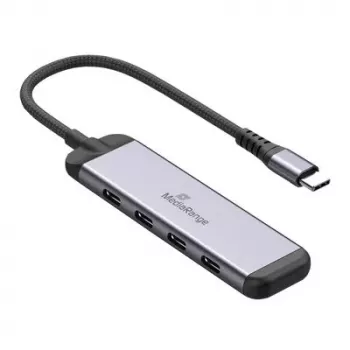 MEDIARANGE MRCS512 USB-C centrmezgls 4 porti 3x USB-C 3.2 Gen 1 + 1x PD 100W Sudraba