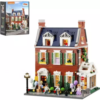 Lumibricks Redbrick Row House LED konstruktors - 850 detaļu arhitektūras modelis ar silti baltu apgaismojumu, USB barošanu, vecumam 8+