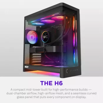 NZXT H6 2026 Mid-Tower Airflow korpuss, melns, ar rūdītu stiklu