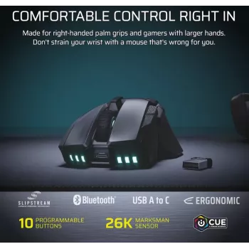 CORSAIR Ironclaw Wireless SE spēļu pele - 26,000 DPI, optiskā, SLIPSTREAM Wireless, Bluetooth, USB, RGB, melna