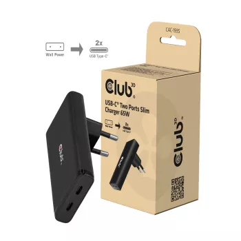 Club 3D CAC-1935 Slim 65W Dual USB-C GaN PD 3.1 PPS lādētājs, melns
