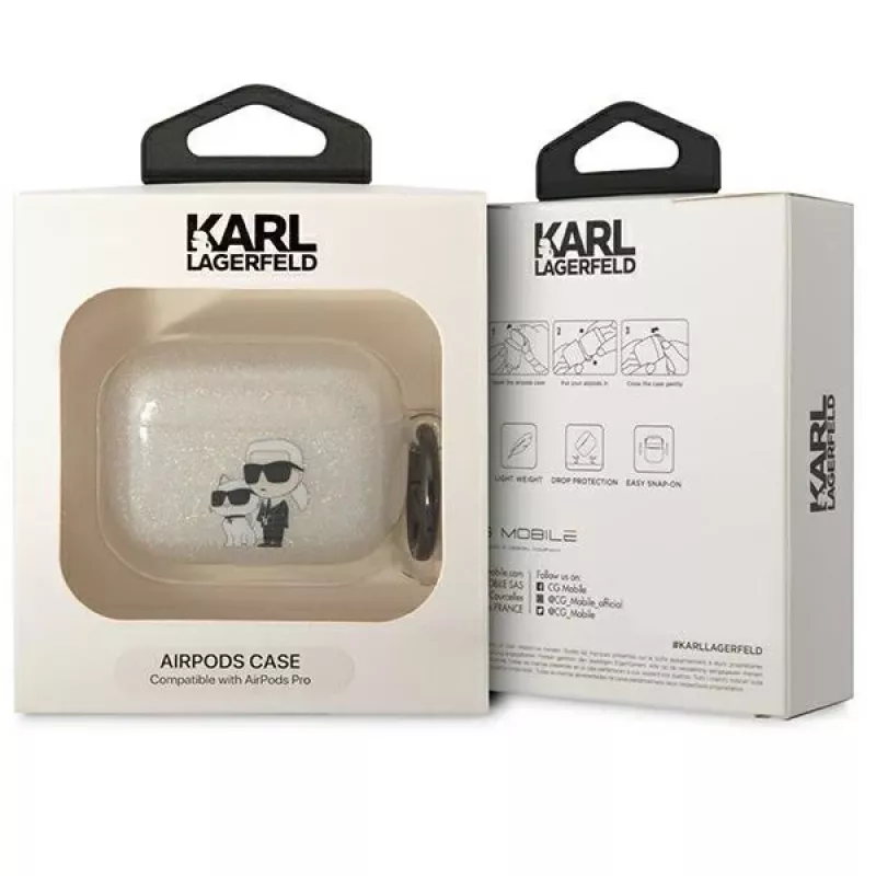 Karl Lagerfeld KLAPHNKCTGT AirPods Pro vāciņš Caurspīdīgs ar mirdzumu Karl & Choupette