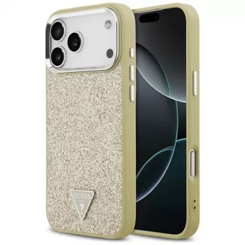 GUESS Glitter Triangle Logo MagSafe maciņš iPhone 17 Pro Max - zelts