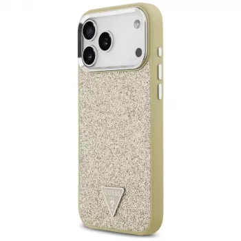 GUESS Glitter Triangle Logo MagSafe maciņš iPhone 17 Pro Max - zelts