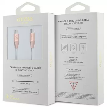 GUESS GUCCLALRGDP USB-C uz USB-C ātrās uzlādes kabelis 1,5 m rozā ar reljefu logotipu