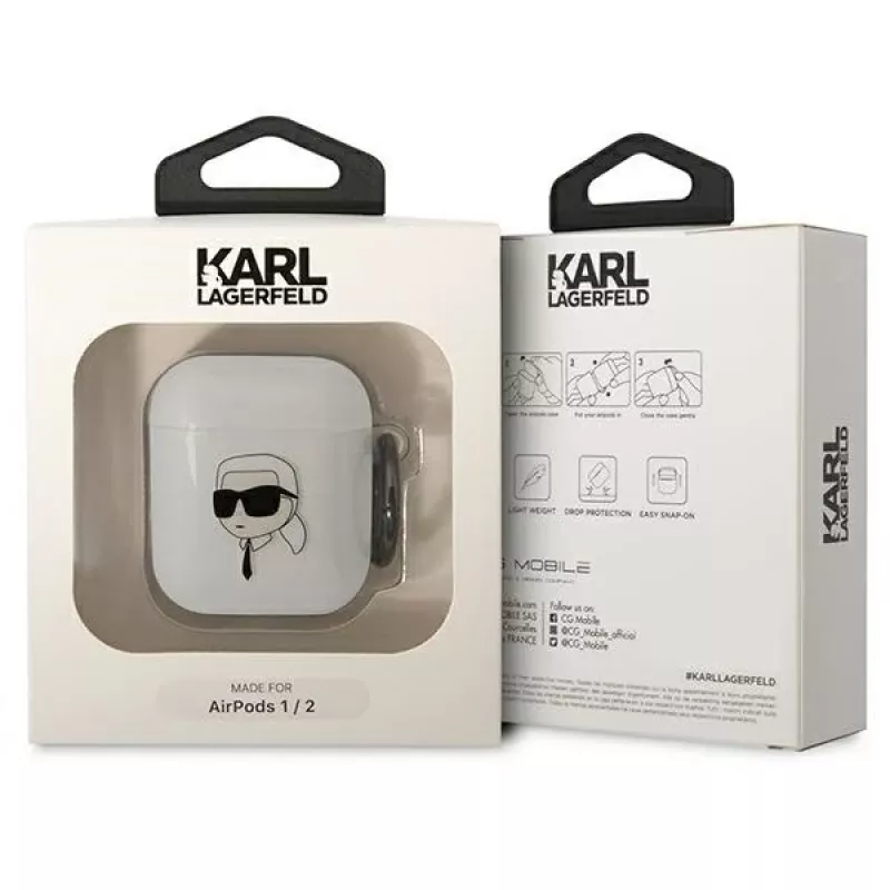 Karl Lagerfeld KLA2HNIKTCT Caurspīdīgs AirPods 1/2 maciņš ar Karla galvas dizainu