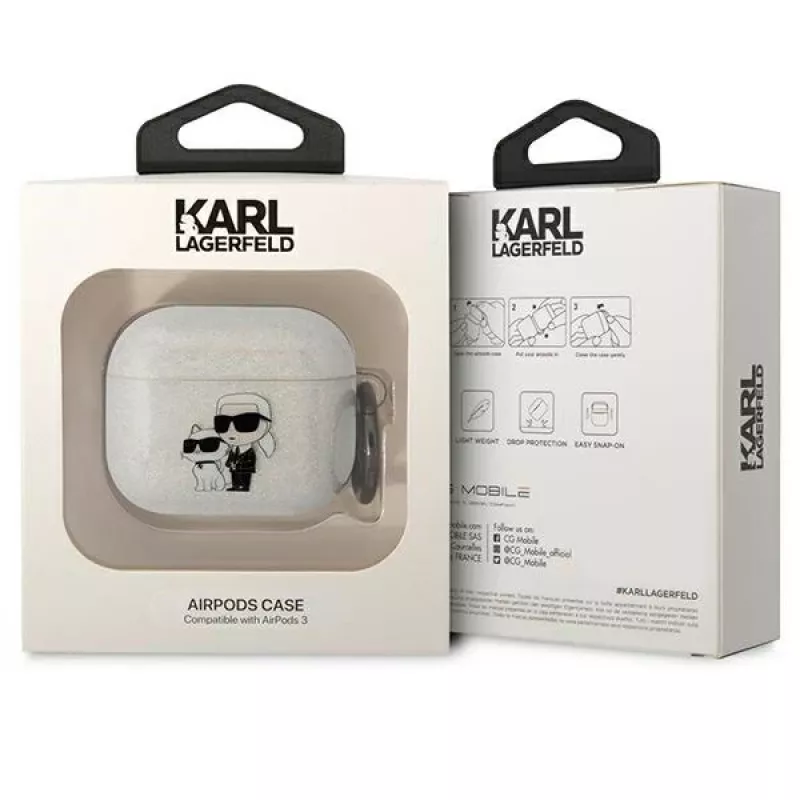 Karl Lagerfeld KLA3HNKCTGT AirPods 3 vāciņš caurspīdīgs ar mirdzumu Karl & Choupette