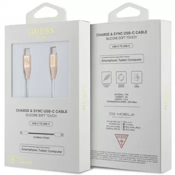GUESS GUCCLALRGDD USB-C uz USB-C kabelis 1,5 m ātrai uzlādei, gaiši zelta krāsā ar reljefu logotipu
