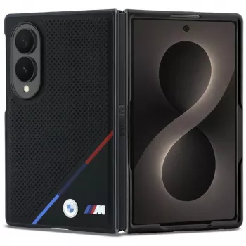 BMW M ādas perforēts ar trīskrāsu svītru un metāla logotipiem MagSafe maciņš Samsung Galaxy Z Fold8 - Melns