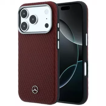 Mercedes Leather Semi Wrap Wood Effect MagSafe Maciņš iPhone 18 Pro Max / 17 Pro Max - Burgundy