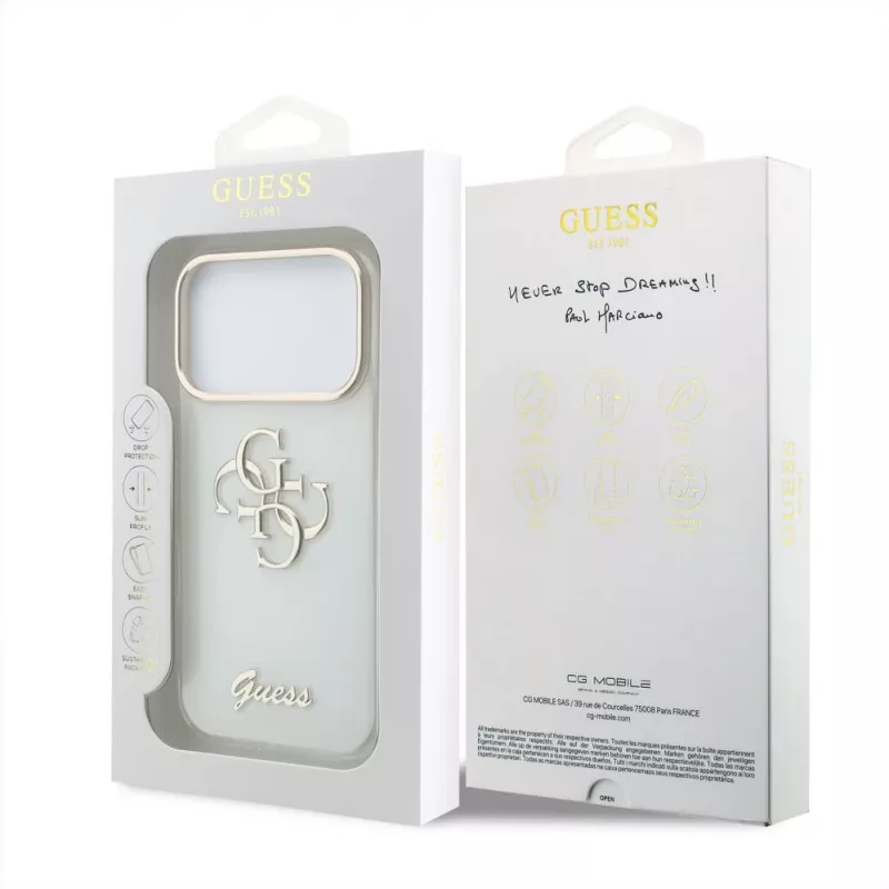 GUESS 4G Script Metal aizsargmaciņa iPhone 18 Pro Max / 17 Pro Max - balta