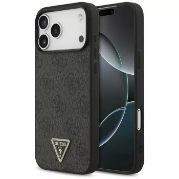 GUESS Leather 4G Triangle Strass MacSafe maciņš iPhone 18 Pro Max / 17 Pro Max - Melns