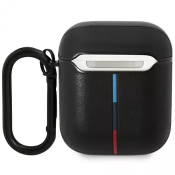 BMW BMA222PVTK Īstas ādas AirPods 1/2 maciņš ar izliektu līniju - Melns