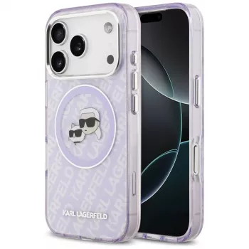 Karl Lagerfeld IML Glitter Karl & Choupette galvu logo MagSafe maciņš iPhone 17 Pro Max - purpura