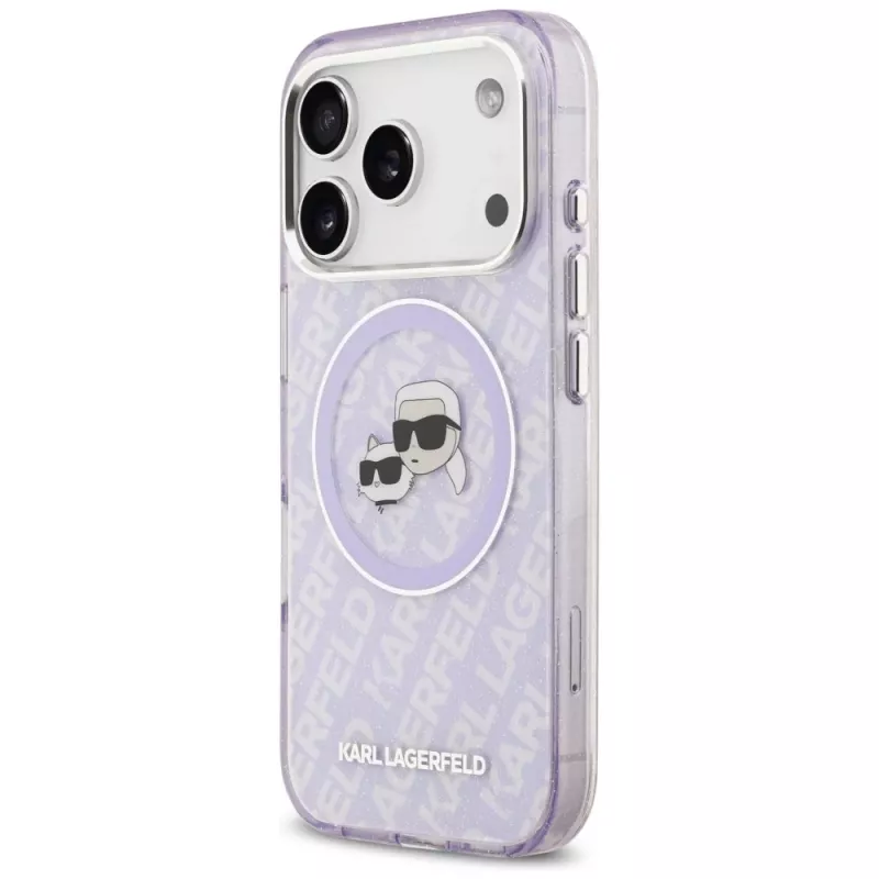 Karl Lagerfeld IML Glitter Karl & Choupette galvu logo MagSafe maciņš iPhone 17 Pro Max - purpura