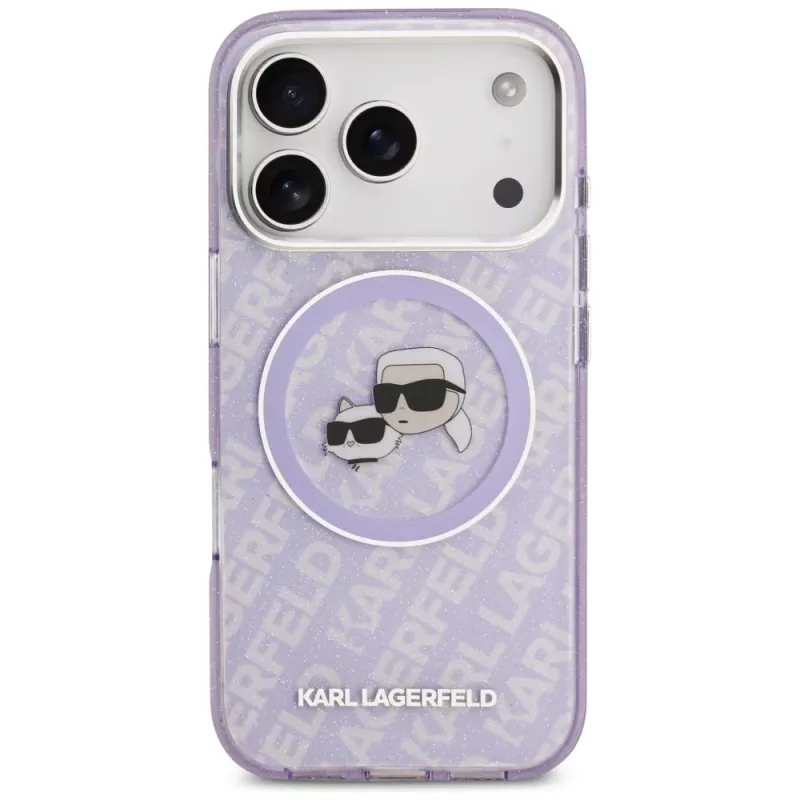 Karl Lagerfeld IML Glitter Karl & Choupette galvu logo MagSafe maciņš iPhone 17 Pro Max - purpura
