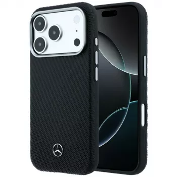 Mercedes Leather Semi Wrap Wood Effect MagSafe Maciņš iPhone 18 Pro Max / 17 Pro Max - Melns