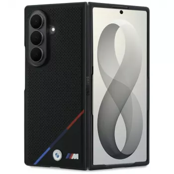 BMW M Ādas perforēts ar trīskrāsu svītru un metāla logotipiem MagSafe maciņš Samsung Galaxy Z Fold8 Ultra – Melns