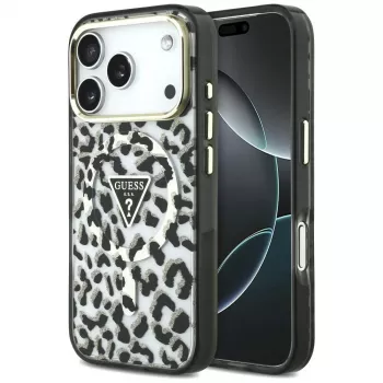 GUESS IML Leopard Glitter Triangle Logo MagSafe maciņš iPhone 18 Pro / 17 Pro - Melns