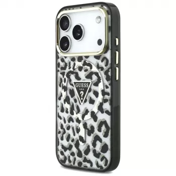 GUESS IML Leopard Glitter Triangle Logo MagSafe maciņš iPhone 18 Pro / 17 Pro - Melns