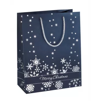 SIGEL GT110 Silver Snowflakes dāvanu maisiņu komplekts, 3 gab., pārklāts papīrs, balti tekstila auklas rokturi, metālisks spīdums, Ziemassvētkiem un ziemas svētkiem, 230 x 180 x 100 mm