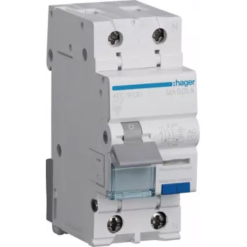 Hager ADC910D RCBO 2P 10A 30mA AC tipa diferenciālais automātiskais slēdzis ar pārstrāvas aizsardzību