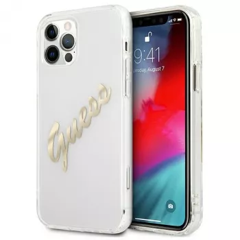 GUESS Vintage Script Gold cietais vāciņš Apple iPhone 12 Pro Max - caurspīdīgs
