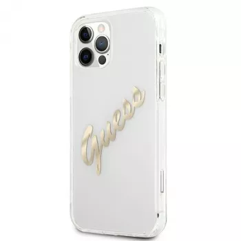 GUESS Vintage Script Gold cietais vāciņš Apple iPhone 12 Pro Max - caurspīdīgs