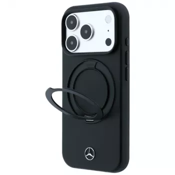 Mercedes ādas futrālis ar gredzenveida statīvu MagSafe iPhone 18 Pro / 17 Pro, melns
