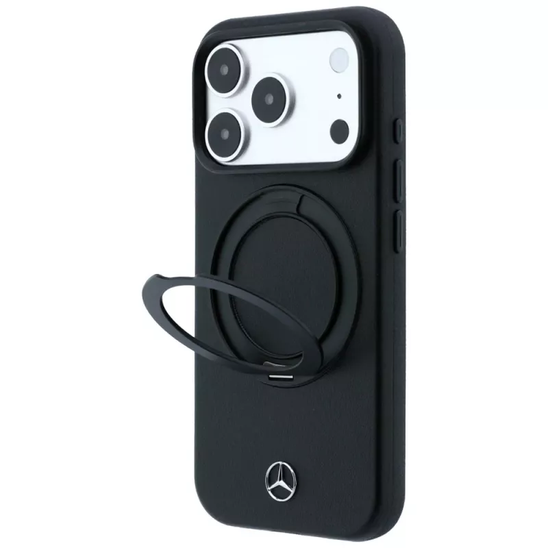 Mercedes ādas futrālis ar gredzenveida statīvu MagSafe iPhone 18 Pro / 17 Pro, melns
