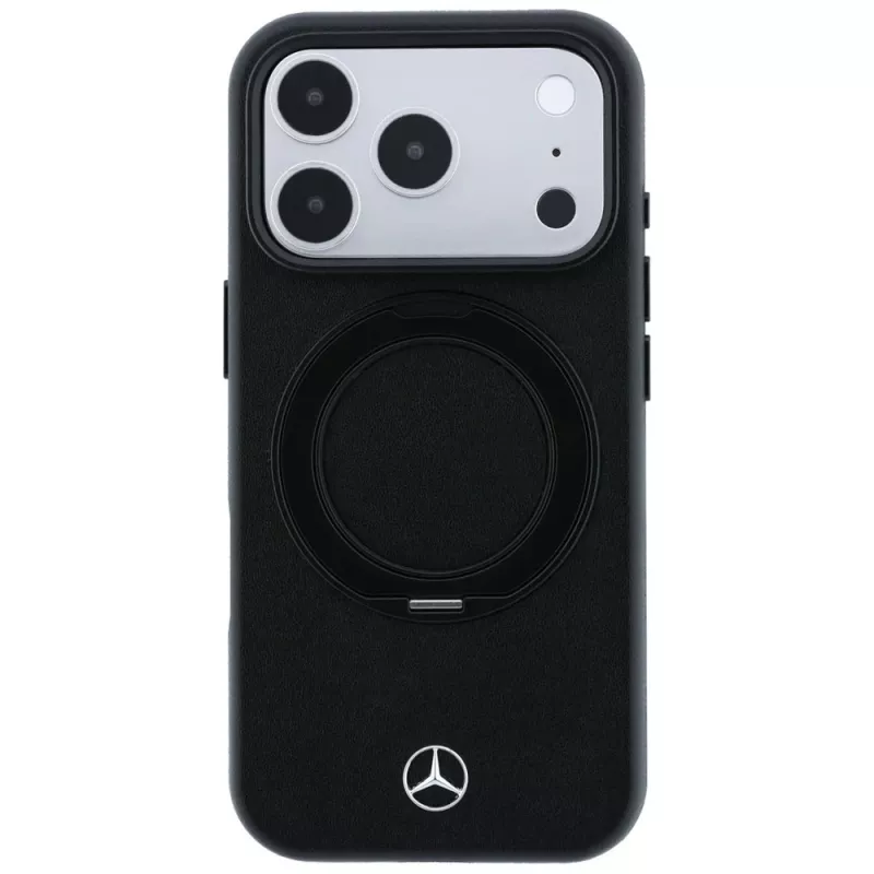 Mercedes ādas futrālis ar gredzenveida statīvu MagSafe iPhone 18 Pro / 17 Pro, melns