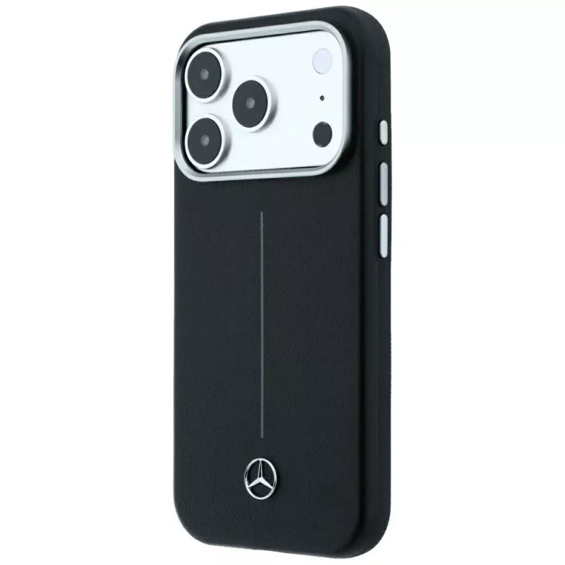Mercedes Leather Semi Wrap Iconic Line MagSafe maciņš iPhone 18 Pro Max / 17 Pro Max - Melns