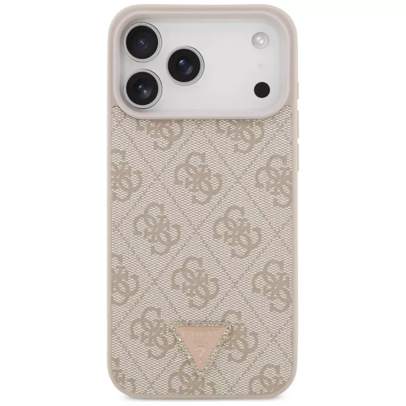 GUESS Leather 4G Triangle Strass MacSafe maciņš iPhone 18 Pro Max / 17 Pro Max - Rozā