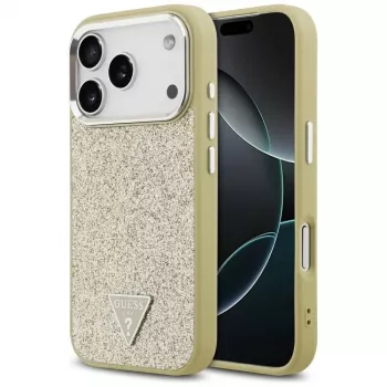 GUESS Glitter Triangle Logo MagSafe maciņš iPhone 17 Pro – zelts