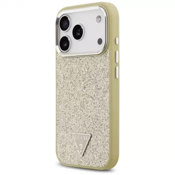 GUESS Glitter Triangle Logo MagSafe maciņš iPhone 17 Pro – zelts