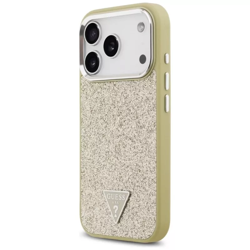 GUESS Glitter Triangle Logo MagSafe maciņš iPhone 17 Pro – zelts