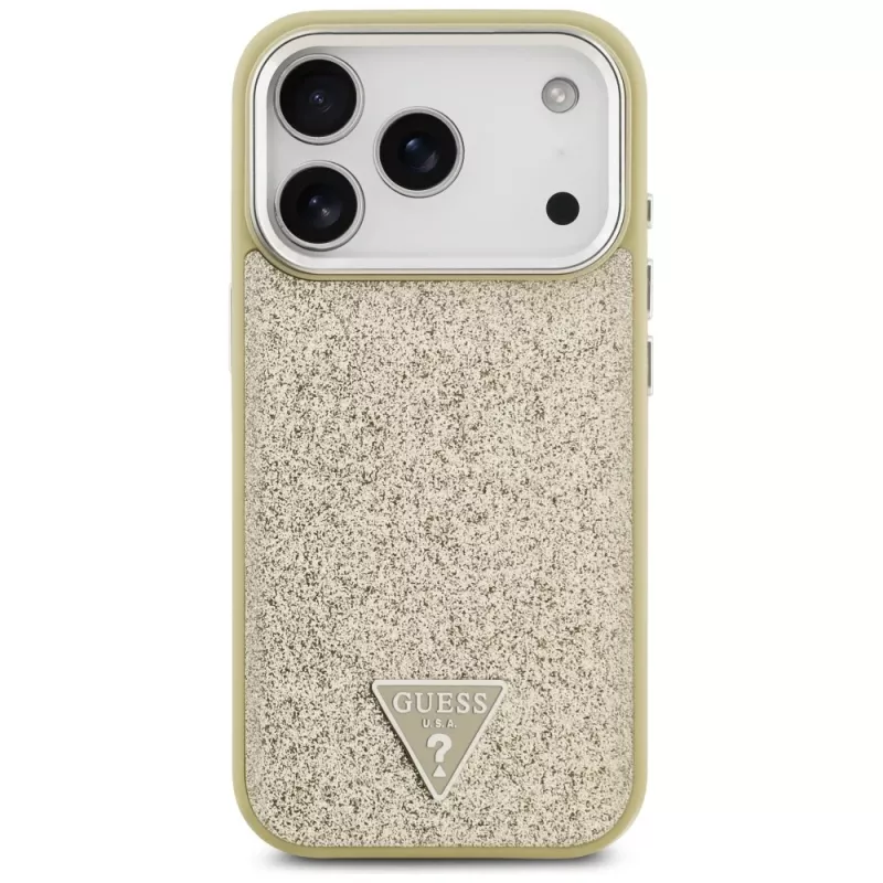 GUESS Glitter Triangle Logo MagSafe maciņš iPhone 17 Pro – zelts