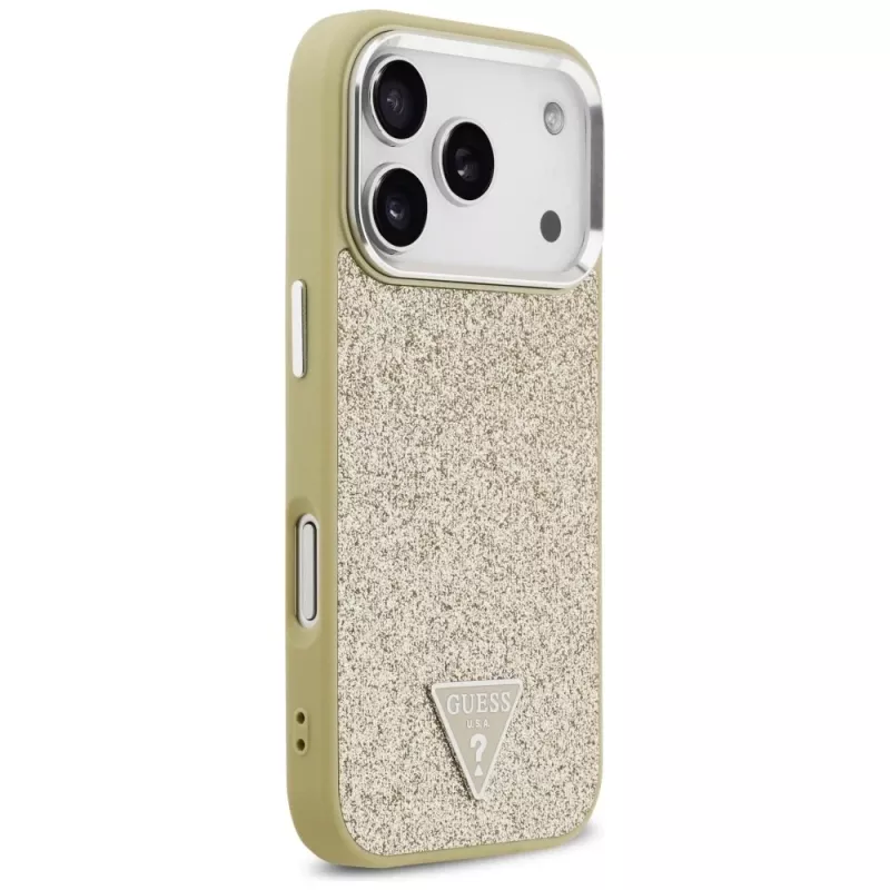GUESS Glitter Triangle Logo MagSafe maciņš iPhone 17 Pro – zelts