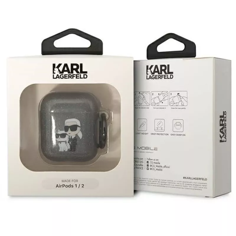 Karl Lagerfeld KLA2HNKCTGK AirPods 1/2 vāciņš melns ar mirdzumu Karl & Choupette