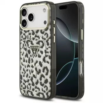 GUESS IML Leopard Glitter Triangle Logo MagSafe maciņš iPhone 18 Pro Max / 17 Pro Max - Melns