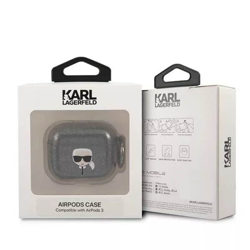 Karl Lagerfeld KLA3UKHGK AirPods 3 vāciņš Black Glitter Karl's Head