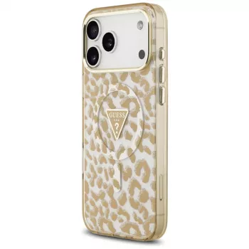 GUESS IML Leopard Glitter Triangle Logo MagSafe maciņš iPhone 18 Pro Max / 17 Pro Max - Brūns